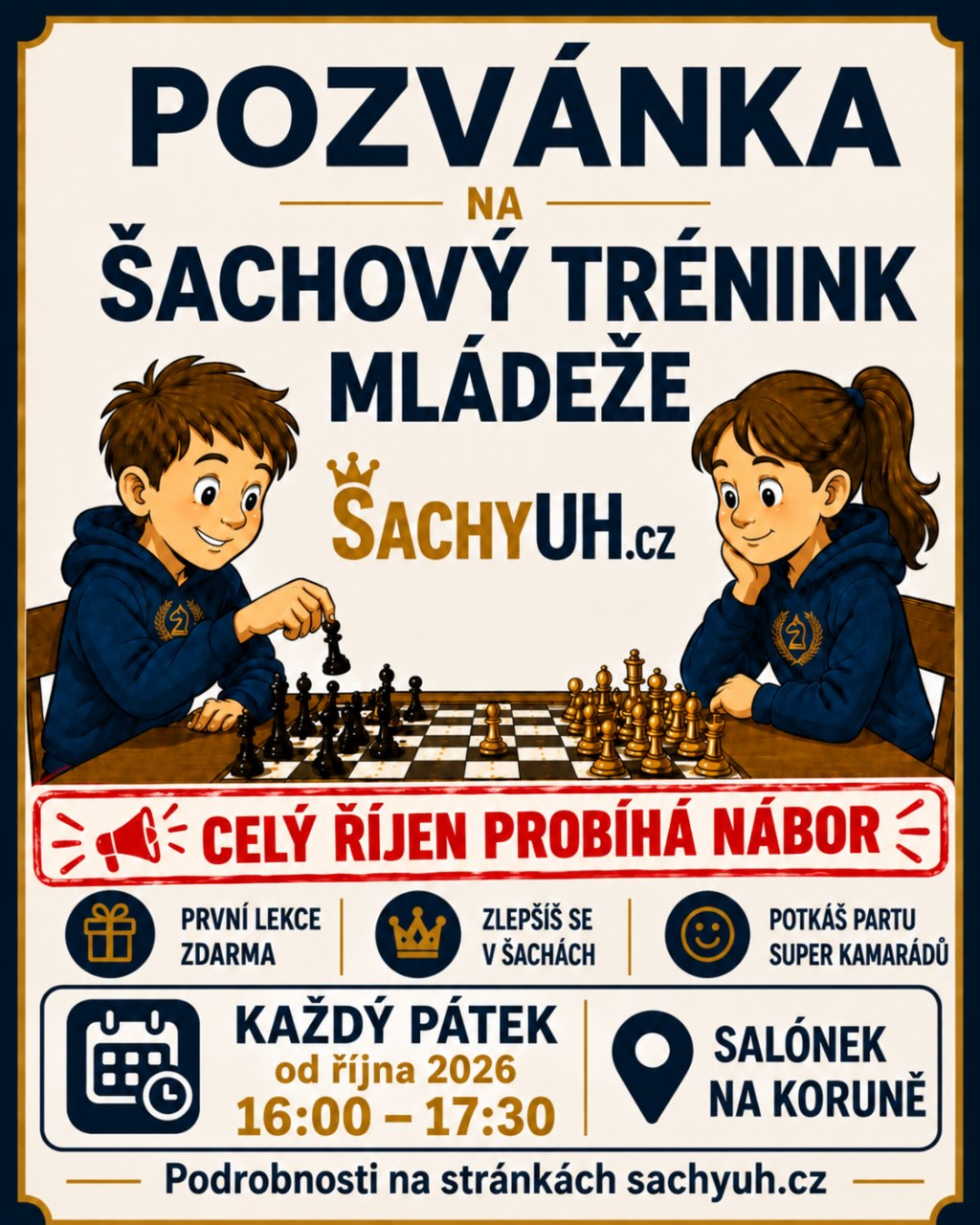 Pozvánka na Šachový trénink mládeže — každý pátek od října 2026, 16:00–17:30, Salónek Na Koruně. Celý říjen probíhá nábor.
